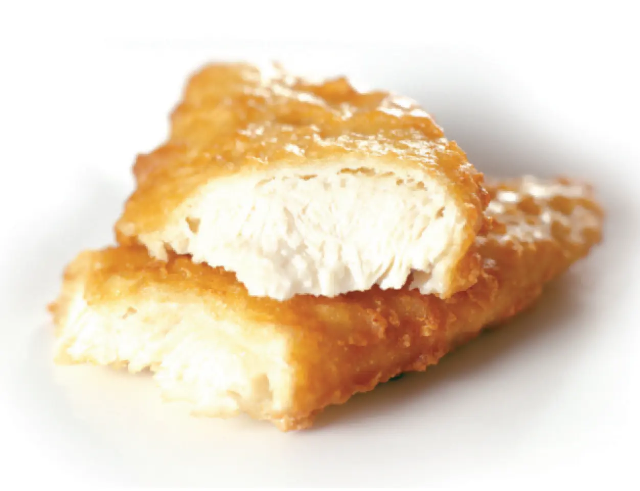 Golden battered flake, crispy outside with tender white fish inside
